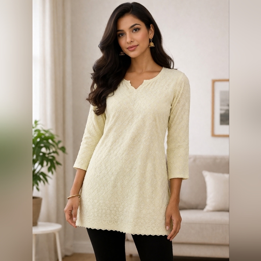 Pastel Yellow Chikankari Kurta Tunic | Embroidered Cotton | Size XL